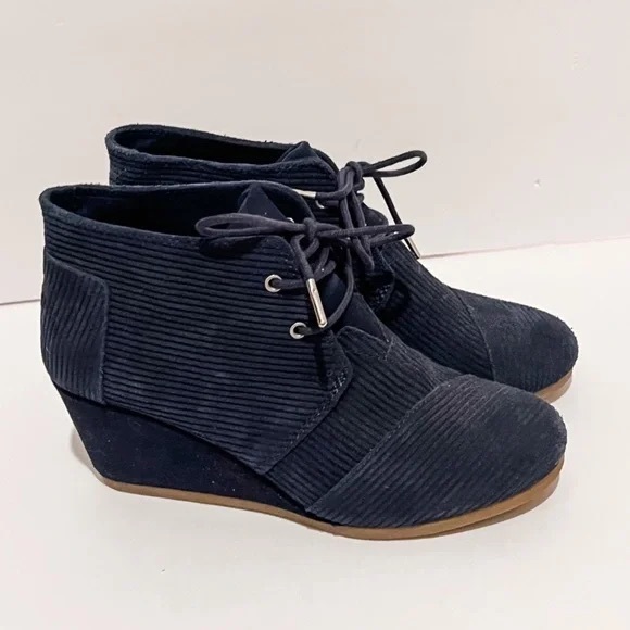 Toms Shoes - Toms Desert Blue Suede Corduroy lace-up Wedge Ankle Booties